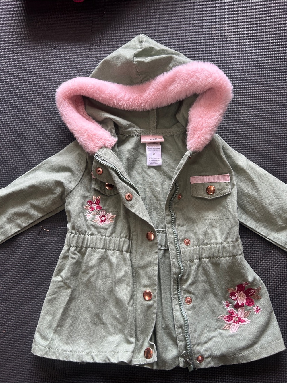 Little Lass Sage Green Hooded Jean Jacket with Pink Faux Fur Trim